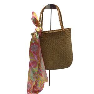 Frankies Bikinis Tini Bag OS Satin Handkerchief Accent 100% Rafia Straw NWD